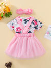 3-18M Baby Girl Outfit Sets Floral Short Sleeve Mesh Panel Headband Wholesale Baby Clothes - PrettyKid