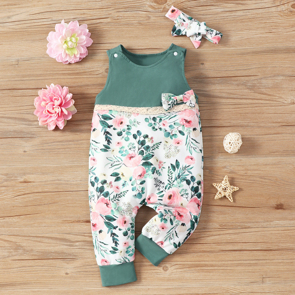 Baby Girl Sleeveless Floral Romper Baby One Piece Jumpsuit And Headband - PrettyKid