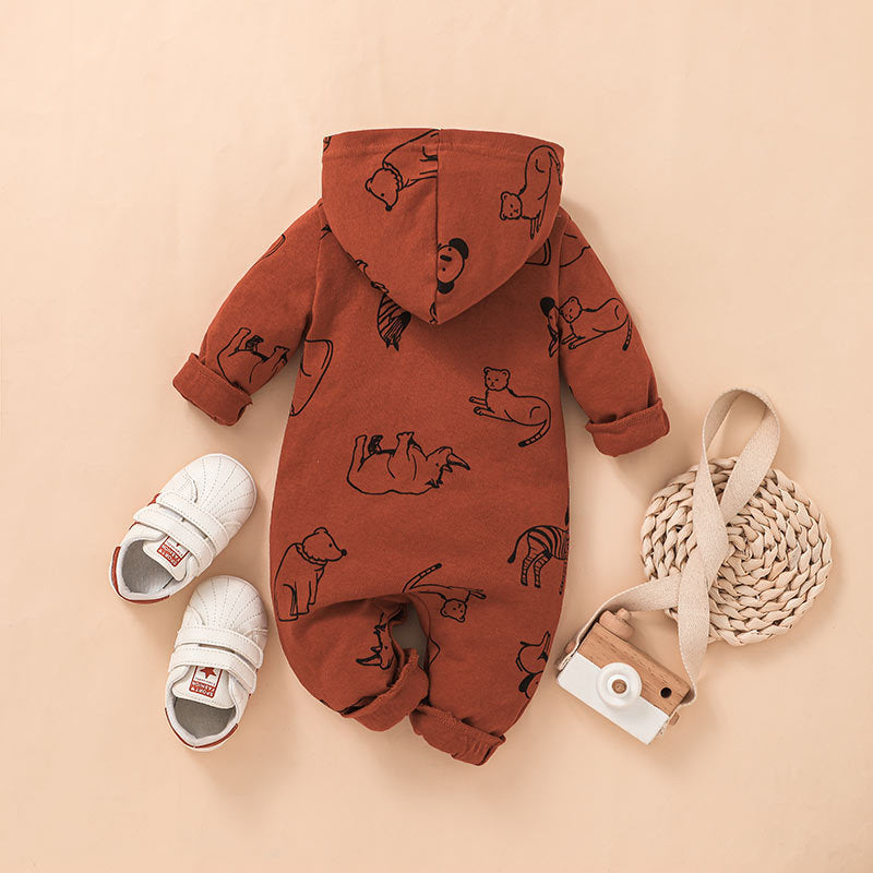 Baby Boy Animal Print Hooded Bodysuit Baby Rompers Wholesale - PrettyKid