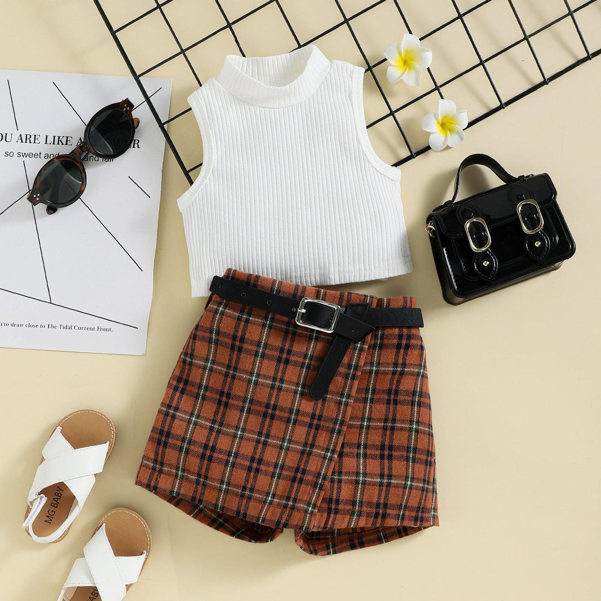 18M-6Y Toddler Girls Outfits Sets Ribbed Sleeveless Top & Plaid Shorts Wholesale Girls Clothes