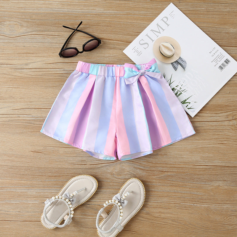 3-7Y Toddler Girls Bow Vertical Stripe Colorblock Casual Shorts Wholesale Girls Clothes - PrettyKid