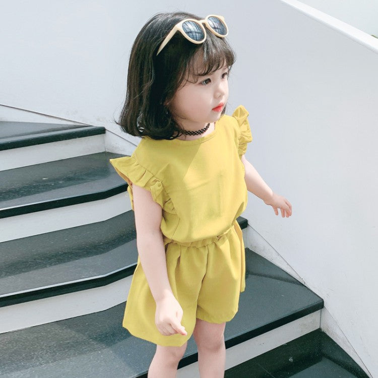 9M-6Y Solid Lotus Sleeveless One Piece Chiffon Tops And Shorts Two Sets Baby Wholesale Clothing - PrettyKid