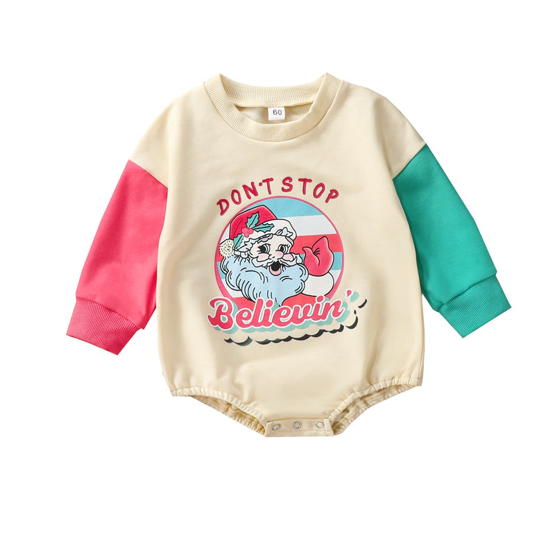 0-18M Christmas Santa Claus Print Colorblock Long Sleeve Onesies Romper Baby Wholesale Clothing - PrettyKid