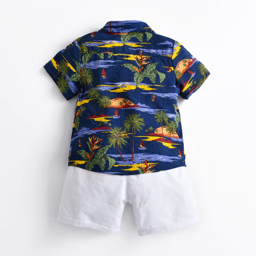 Boys Hawaiian Shirt And Cartoon Print T-Shirt And Shorts Toddler Boy Sets - PrettyKid