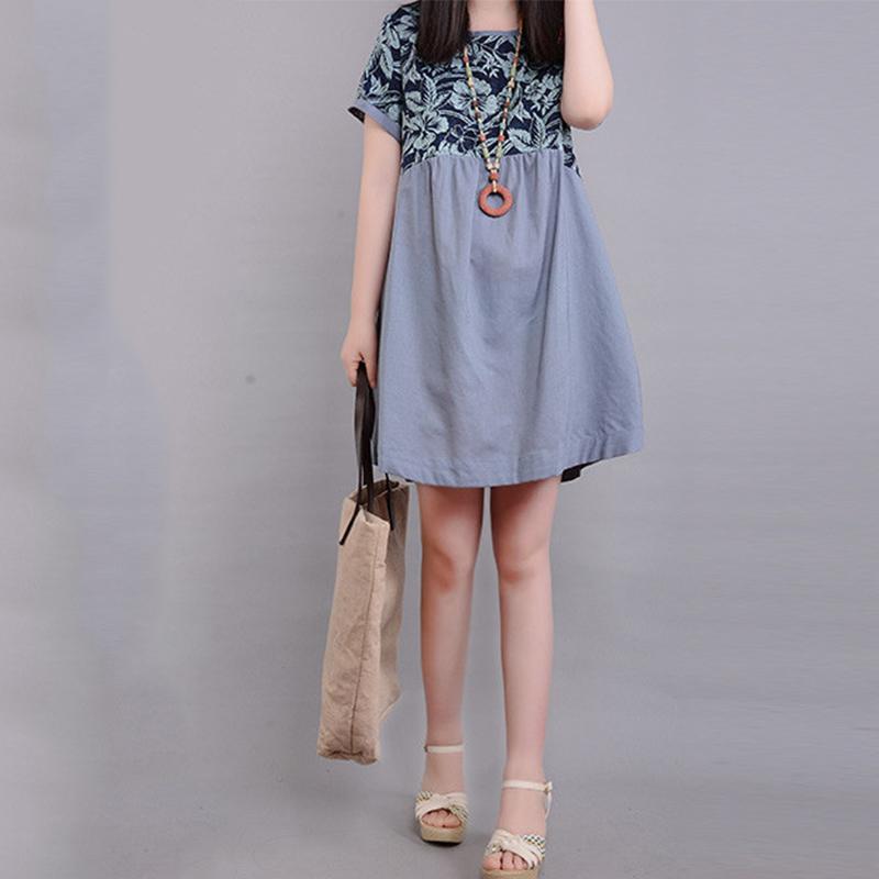 Printed Stitching Cotton And Linen Short-sleeved Dress Maternity Dress Women's Clothing - PrettyKid