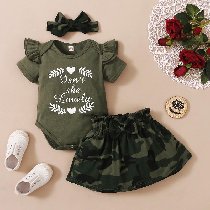 Baby Girl Ruffle Romper & Camouflage Print Skirt & Bowknot Headband - PrettyKid