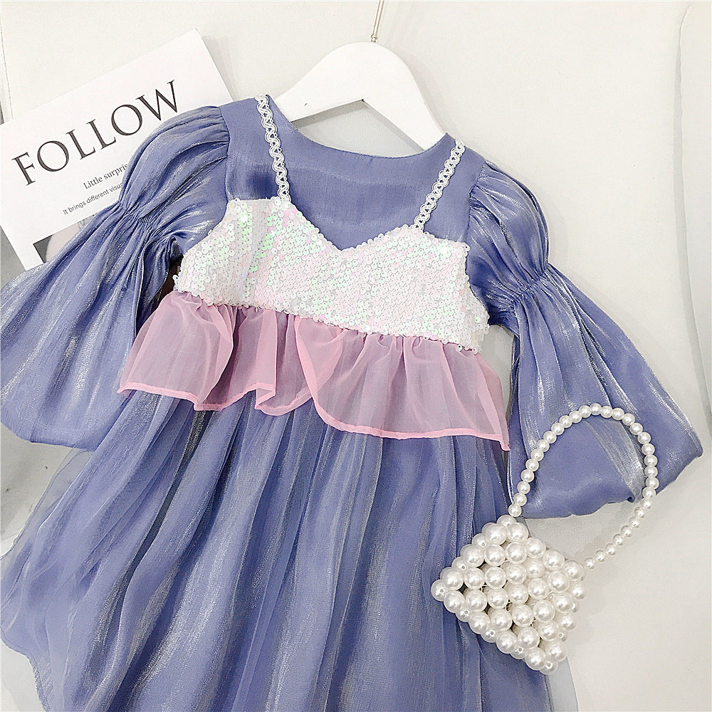 9M-6Y Girls Long Sleeve Dress Fake Two-Piece Color Matching Stitching Toddler Girl Wholesale Boutique Clothing - PrettyKid