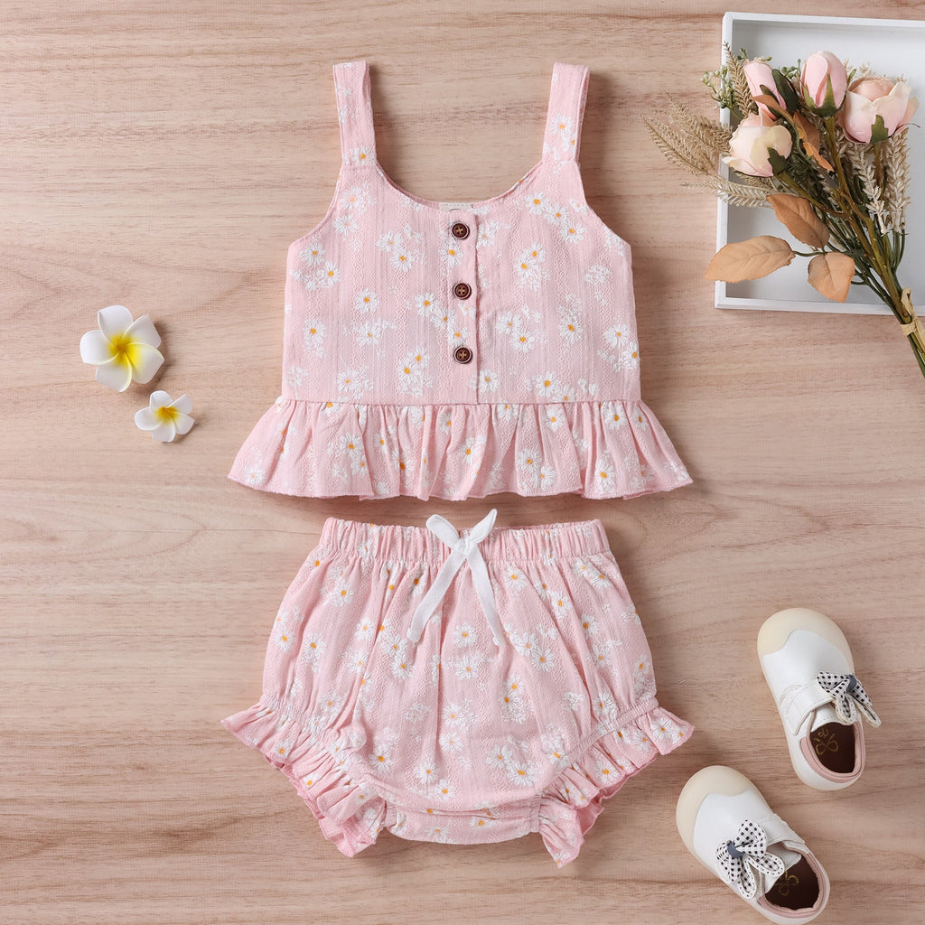 Baby Girl Daisy Print Tank Top And Shorts Baby Outfit Sets - PrettyKid