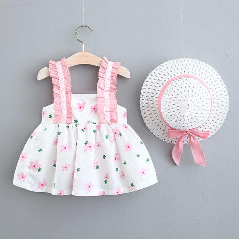 Baby Girl Boho Pattern Dress & Straw Hat With Bow Children's Clothing - PrettyKid