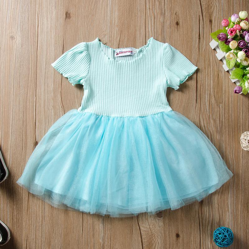 Fashionable Girls Solid Color Short Sleeve Splice Mesh Dress - PrettyKid