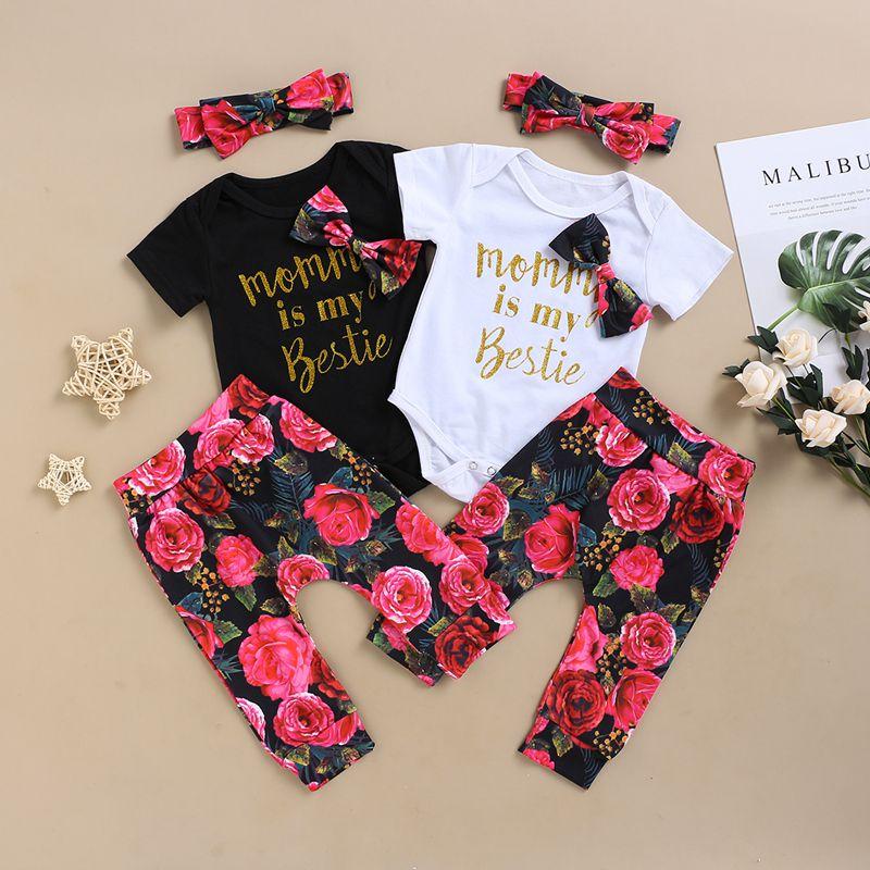 3-piece Letter Pattern Bodysuit & Floral Printed Pants & Headband for Baby Girl - PrettyKid