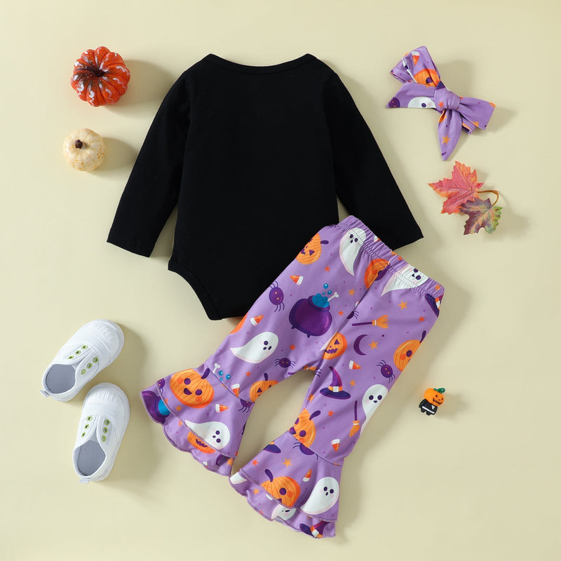 3-24M Halloween Ghost House Print Black Long Sleeve Romper And Pants Two Sets Baby Wholesale Clothing - PrettyKid