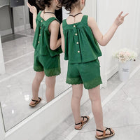 Kid Girl Solid Color Back Button Cami Top & Shorts - PrettyKid