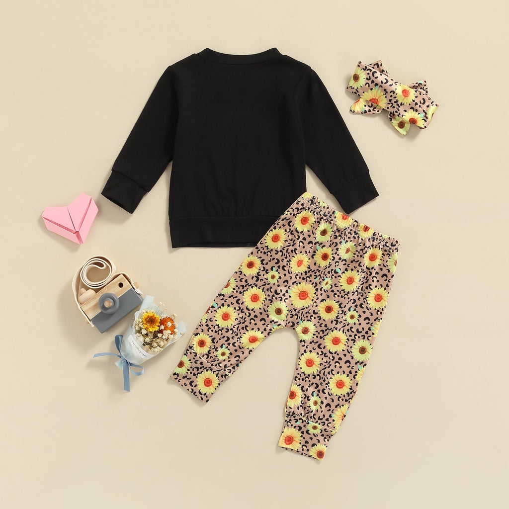 Cow Print Sweatshirt And Sunflower Leopard Print Pants And Headband 3 Piece Baby Outfit Sets - PrettyKid