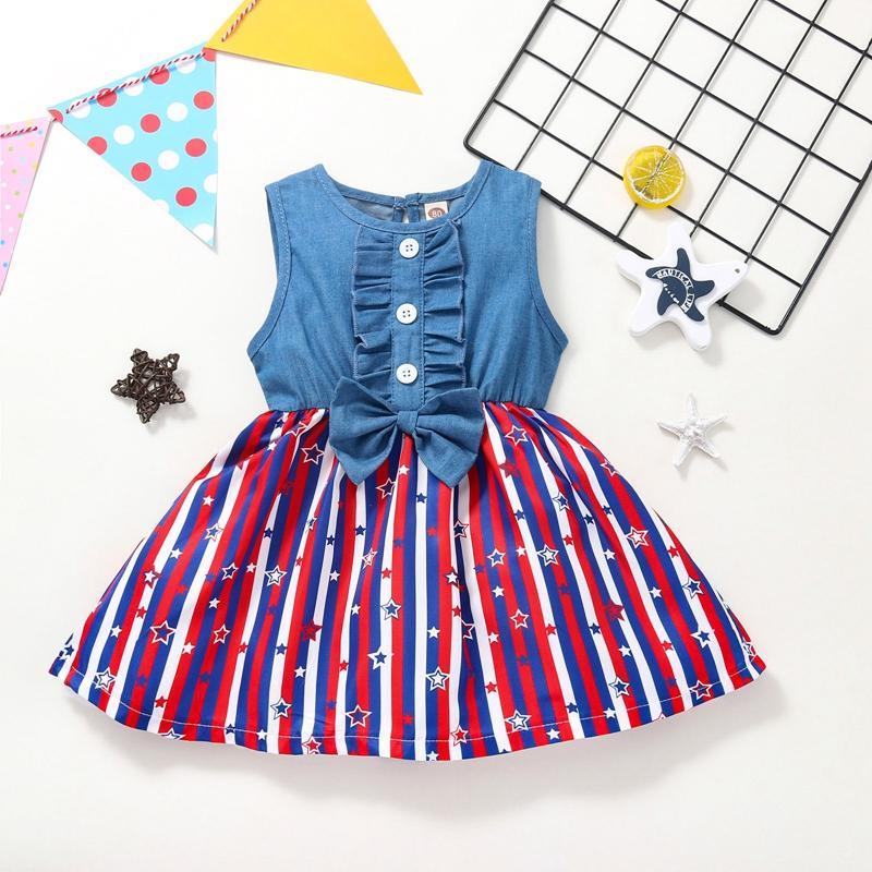 Toddler Girl Independence Day Pentagram Print Ruffle Trim Dress - PrettyKid