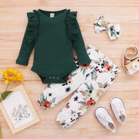 3pcs Leaf Sleeve Bodysuit and Pants Set - PrettyKid