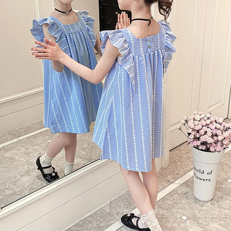 Kid Girl Ruffle sleeve Square Collar Blue Plaid Dress - PrettyKid