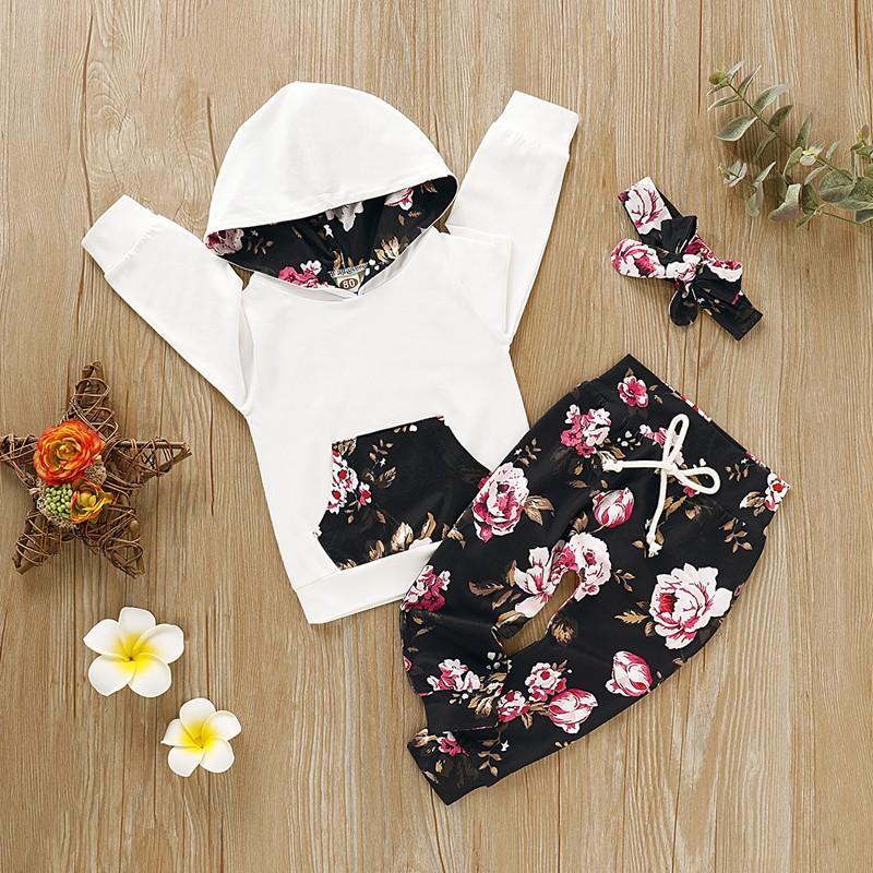3-piece Retro Floral Splice Hoodie with Headband & Pants for Baby Girl - PrettyKid