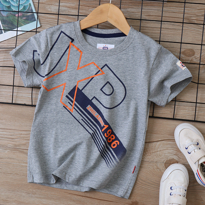3-11Y Letter Print Panel Crew Neck Short Sleeve Kids Tee Shirts Wholesale Kids Boutique Clothing - PrettyKid