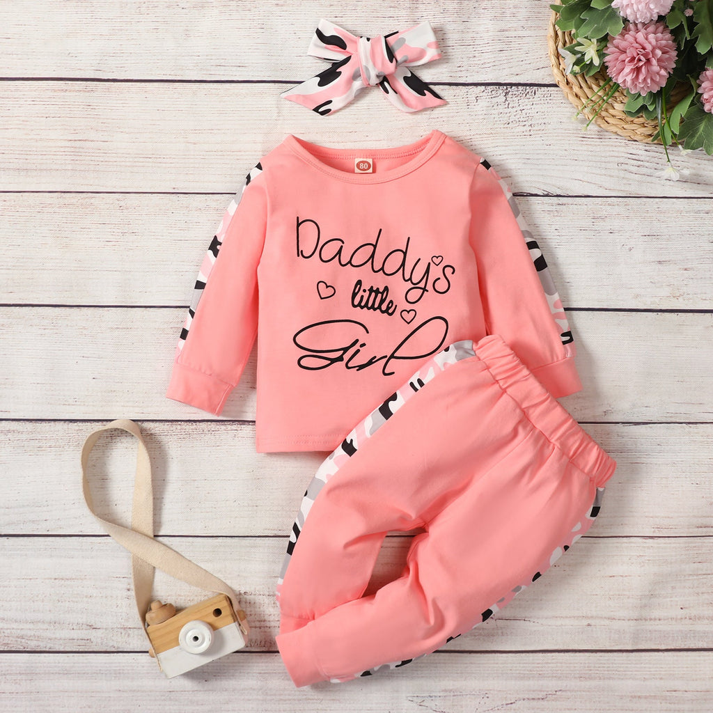 Camouflage Letter Printed Sweatshirt And Trousers With Headband Three Piece Baby Suit - PrettyKid