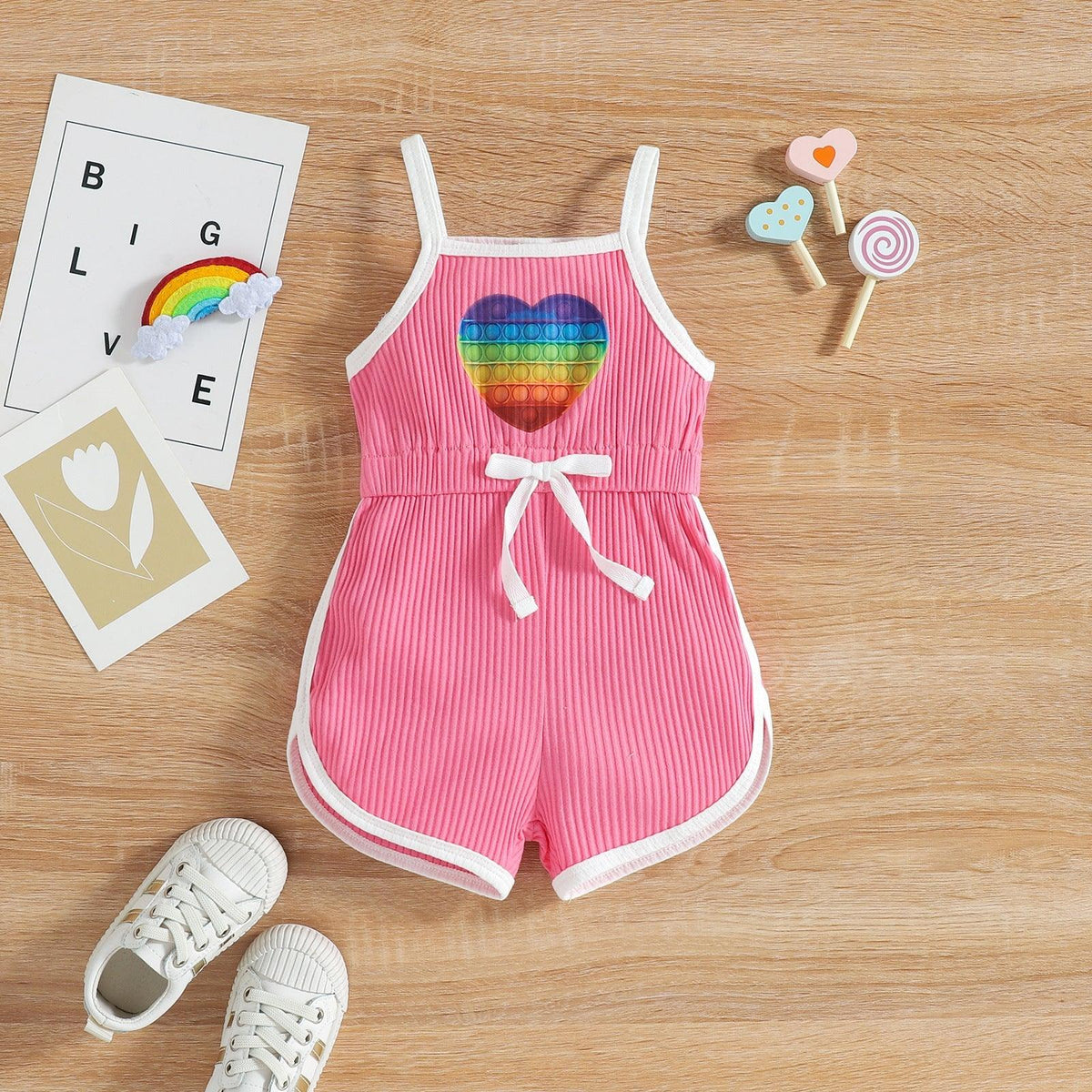 Baby Girl Love Rainbow Print Ribbed Bodysuit Baby Sleeveless Jumpsuit - PrettyKid