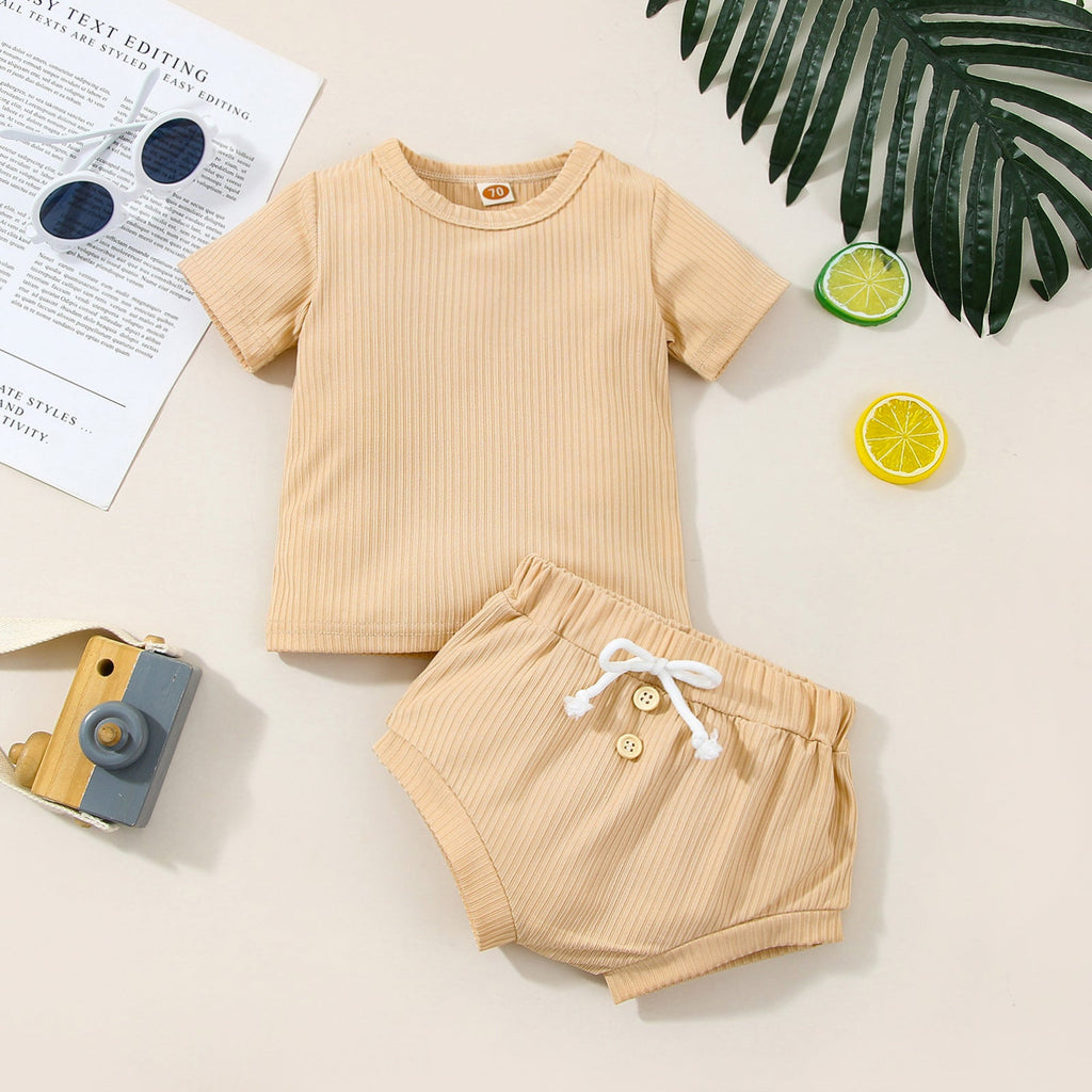 Baby Solid Ribbed T-Shirt And Shorts Baby Outfit Sets - PrettyKid