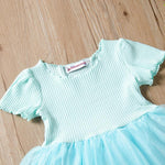 Fashionable Girls Solid Color Short Sleeve Splice Mesh Dress - PrettyKid