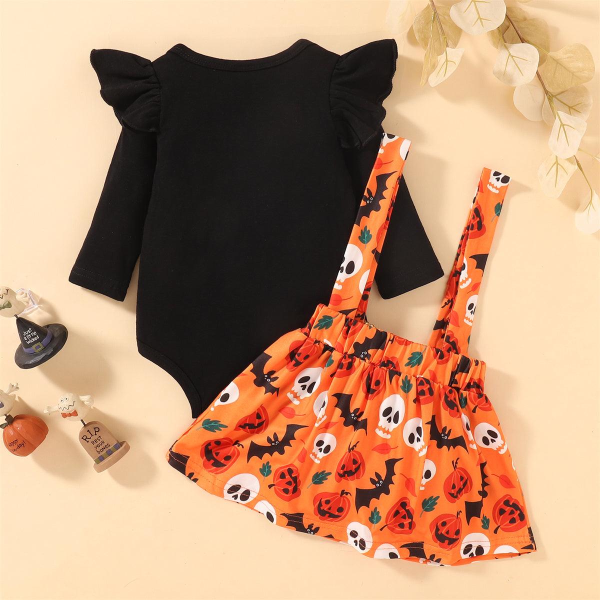 Toddler Girls Letter Print Long Sleeve Strap Skirt Two Piece Halloween Set - PrettyKid