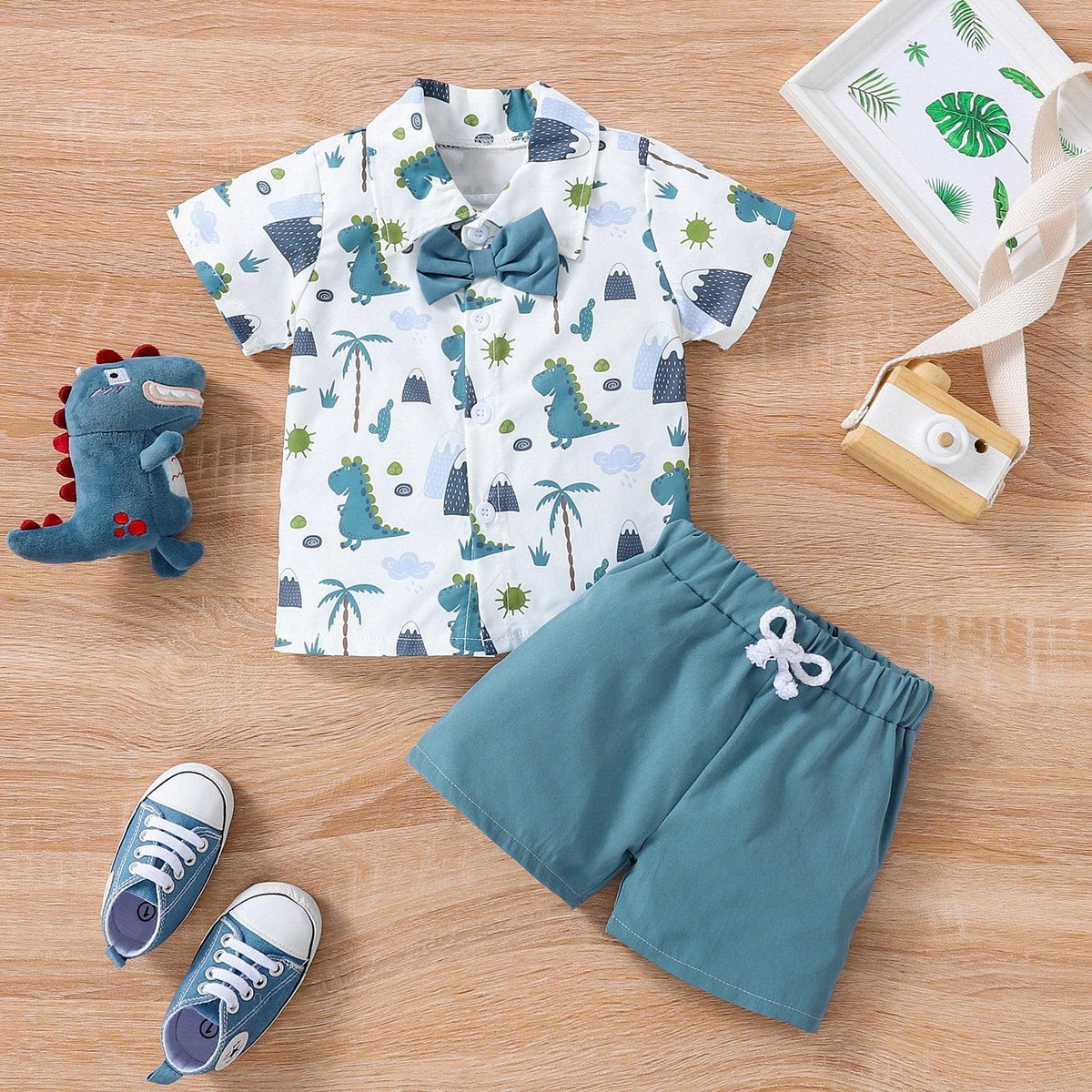 9M-3Y Baby Boys Clothes Sets Dinosaur Print Bowtie Shirts & Shorts Wholesale Baby Clothes - PrettyKid