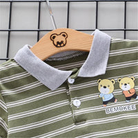 Grow Boy Bear Pattern Striped Polo Shirt & Striped Shorts - PrettyKid