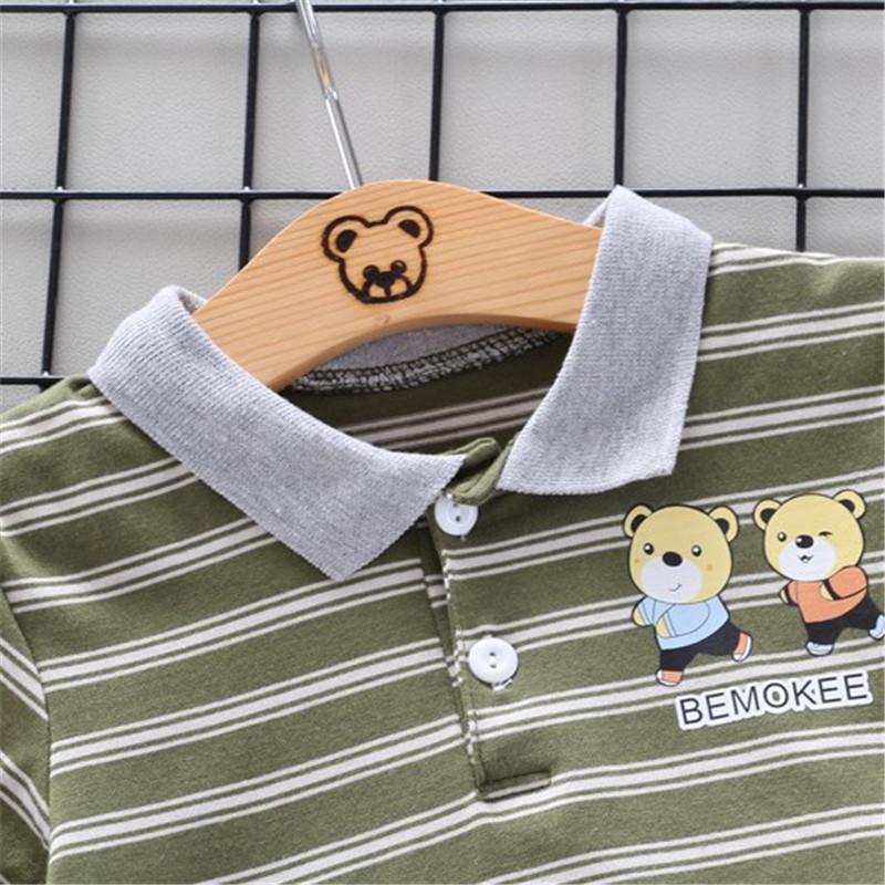 Grow Boy Bear Pattern Striped Polo Shirt & Striped Shorts - PrettyKid