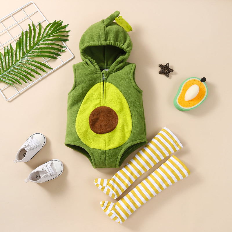 Baby Avocado Zipper Hooded Bodysuit And Striped Stockings Wholesale Baby Clothes Set - PrettyKid