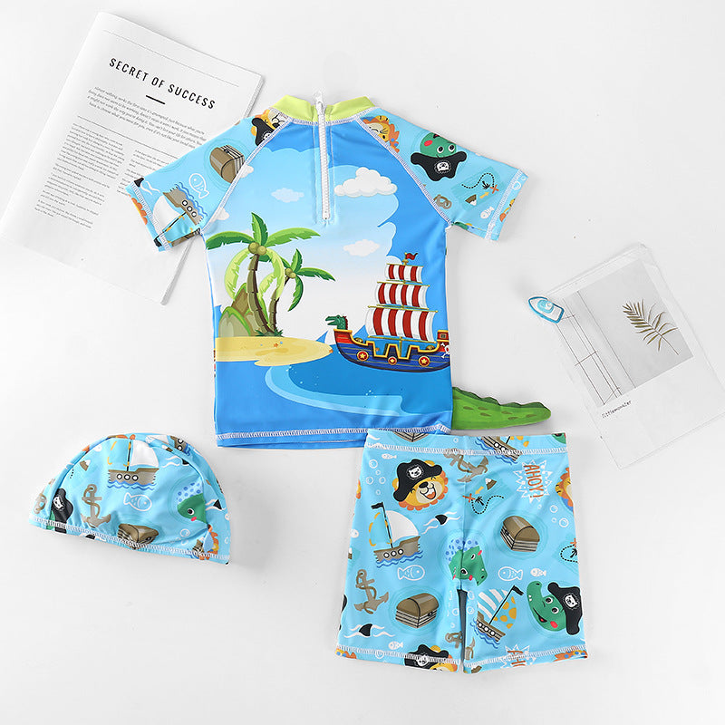 Crocodile Pattern Two Piece Romper And Headband Wholesale Toddler Boy Swimwear - PrettyKid