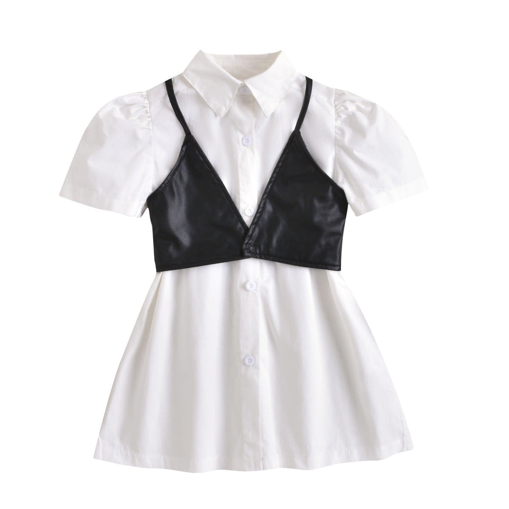 Button Up White Shirt With Leather Cami Top Kid Girl Apparel Sets - PrettyKid