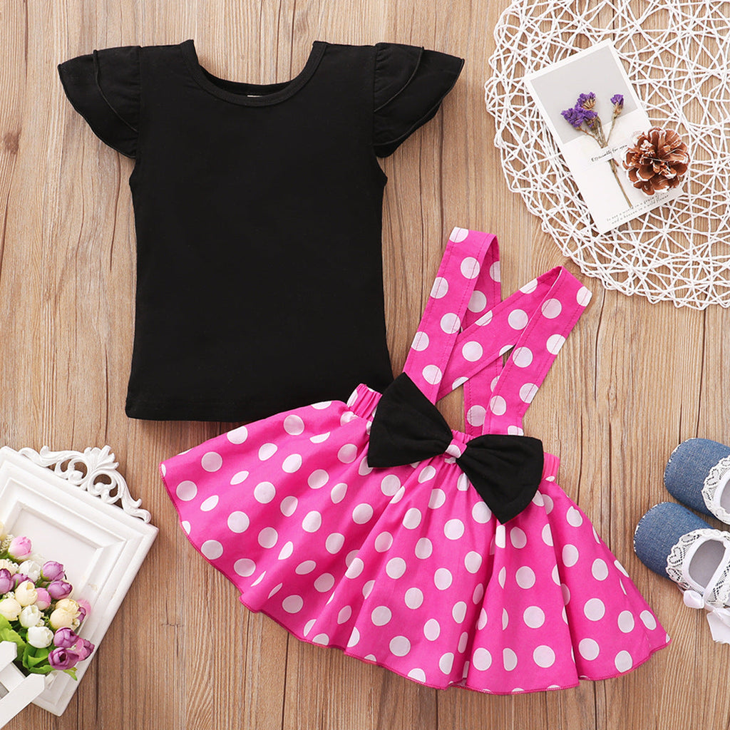9M-4Y Toddler Girls Outfits Set Flutter Sleeve Top & Polka Dots Suspender Skirts Wholesale Girls Fashion Clothes - PrettyKid