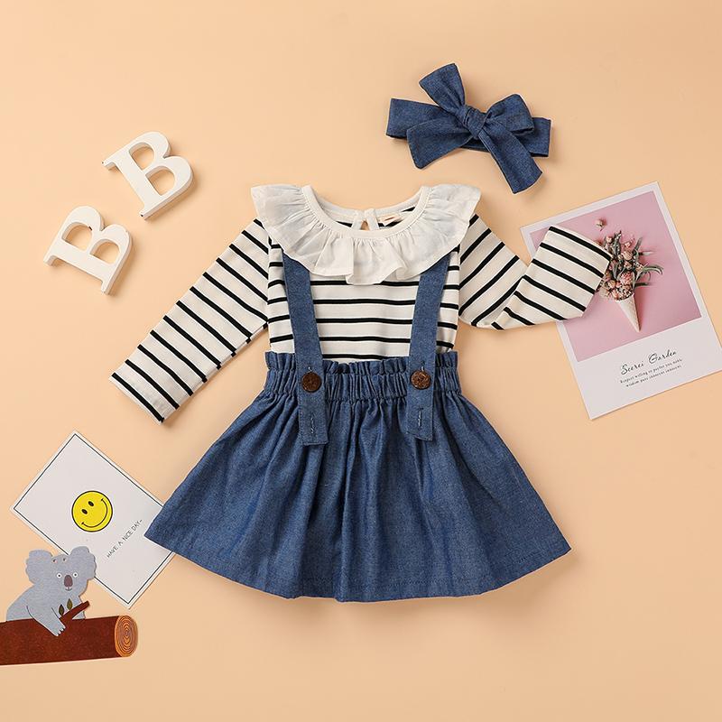 3-piece Lace Striped Bodysuit & Solid Strap Dresses & Headband for Baby Girl Wholesale children's clothing - PrettyKid