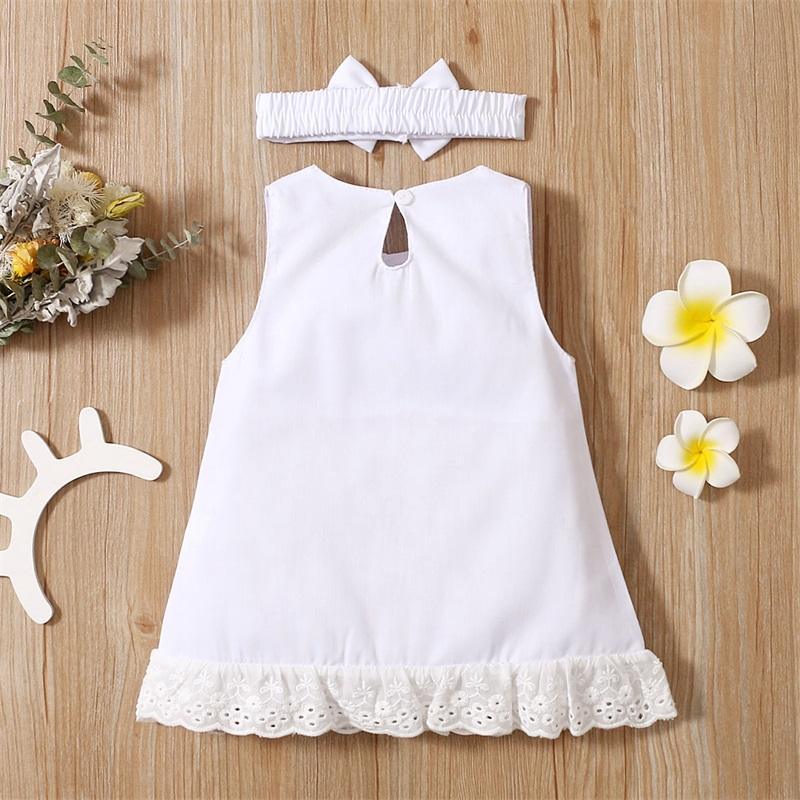 Baby Girl Bow Decor Sleeveless Lace Trim Dress & Headwear - PrettyKid