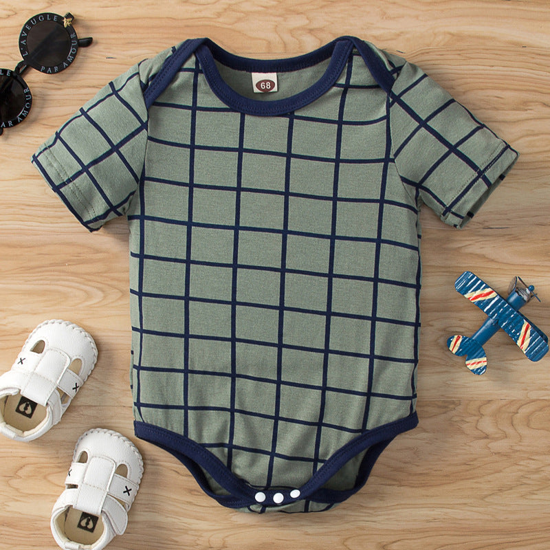 Baby Boys And Girls Green Plaid Short Sleeve Bodysuit Wholesale Baby Onesies - PrettyKid