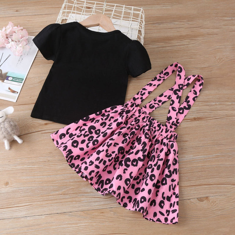 18M-5Y Letter Short Sleeve T-Shirt Leopard Print Bib Skirt 2 Piece Sets For Girls Cute Toddler Girl Clothes Wholesale