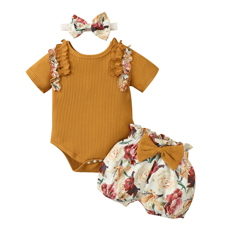 0-12M Short Sleeve Printed Fungus Edge Panel Jumpsuit Set Headband Wholesale Baby Clothes - PrettyKid