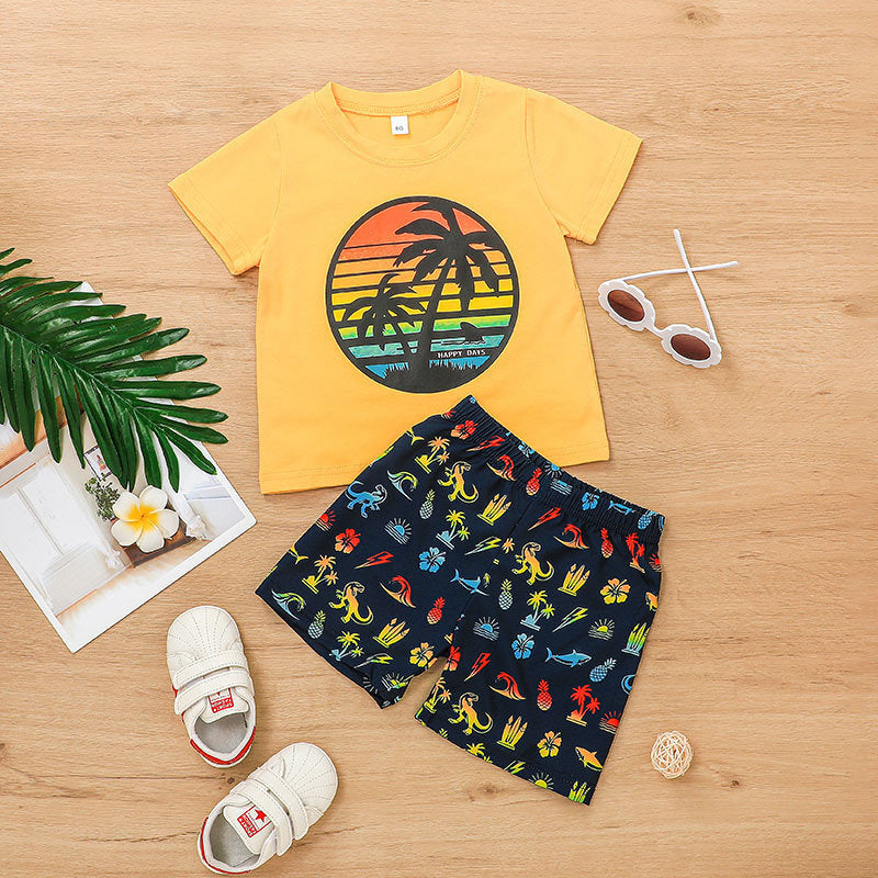 Coconut Tree Letter Printing T-Shirt Dinosaur Camouflage Color Shorts Wholesale Toddler Boy Sets - PrettyKid