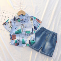 Toddler Boy Abstract Flower Shirt & Denim Shorts - PrettyKid