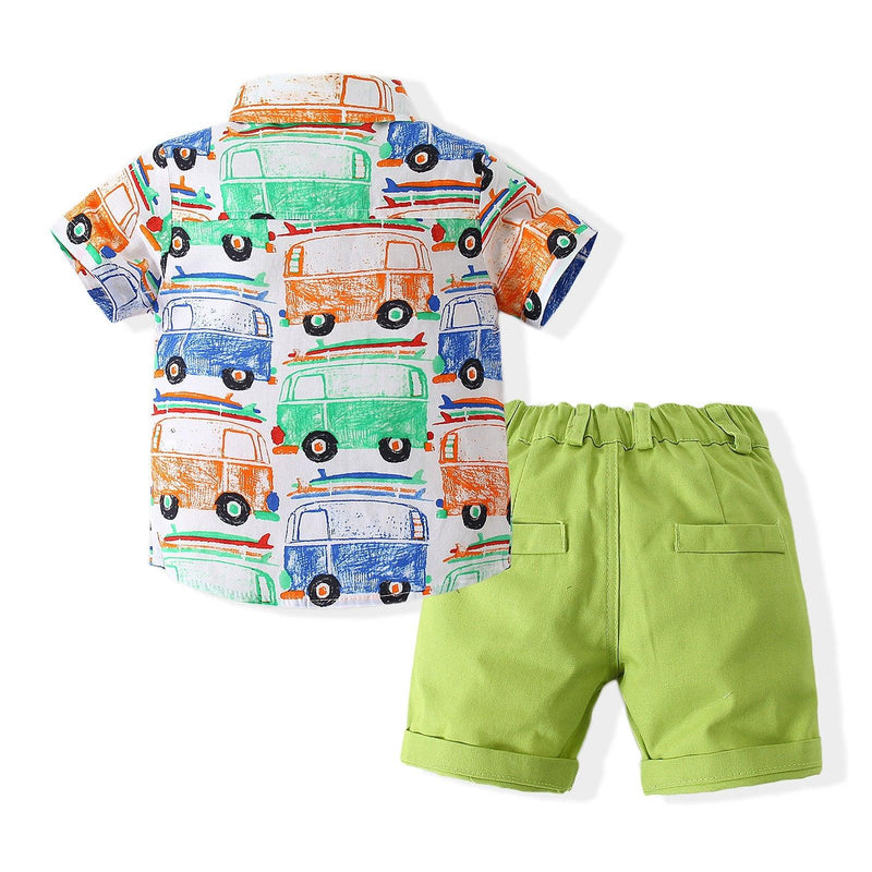 9months-5years Toddler Boy Sets Children's Clothing Suit New Summer Boy Short-Sleeved Printed Cartoon Car Shirt & Solid Color Shorts - PrettyKid