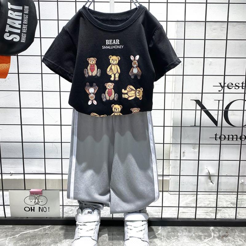 Boy Cartoon Bear Pattern T-shirt & Pants - PrettyKid