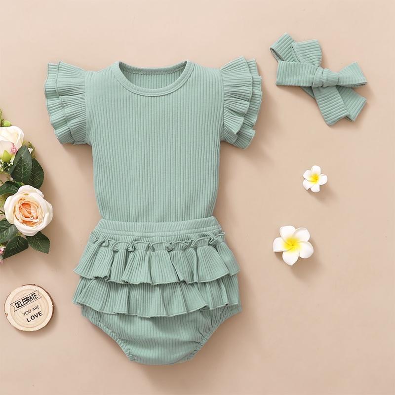 New Born Girl Ribbed Bodysuit & Ruffle Shorts & Bowknot Headband - PrettyKid