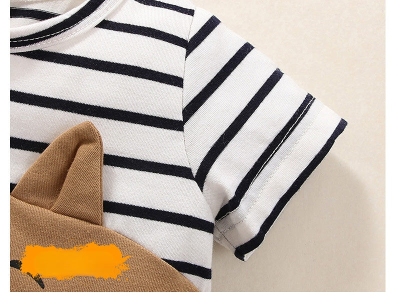 Baby Boys Cartoon Stripe Stitching Brown Cartoon Dog Print Short Sleeve Jumpsuit - PrettyKid