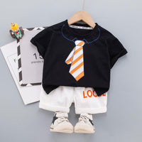 Grow Boy Tie Patten Top & Contrast Letters Shorts - PrettyKid