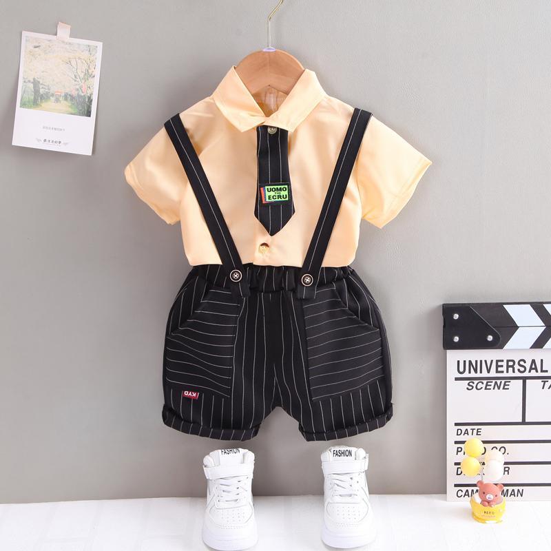 Toddler Boy Tie Decor Shirt & Plaid Suspender Shorts - PrettyKid