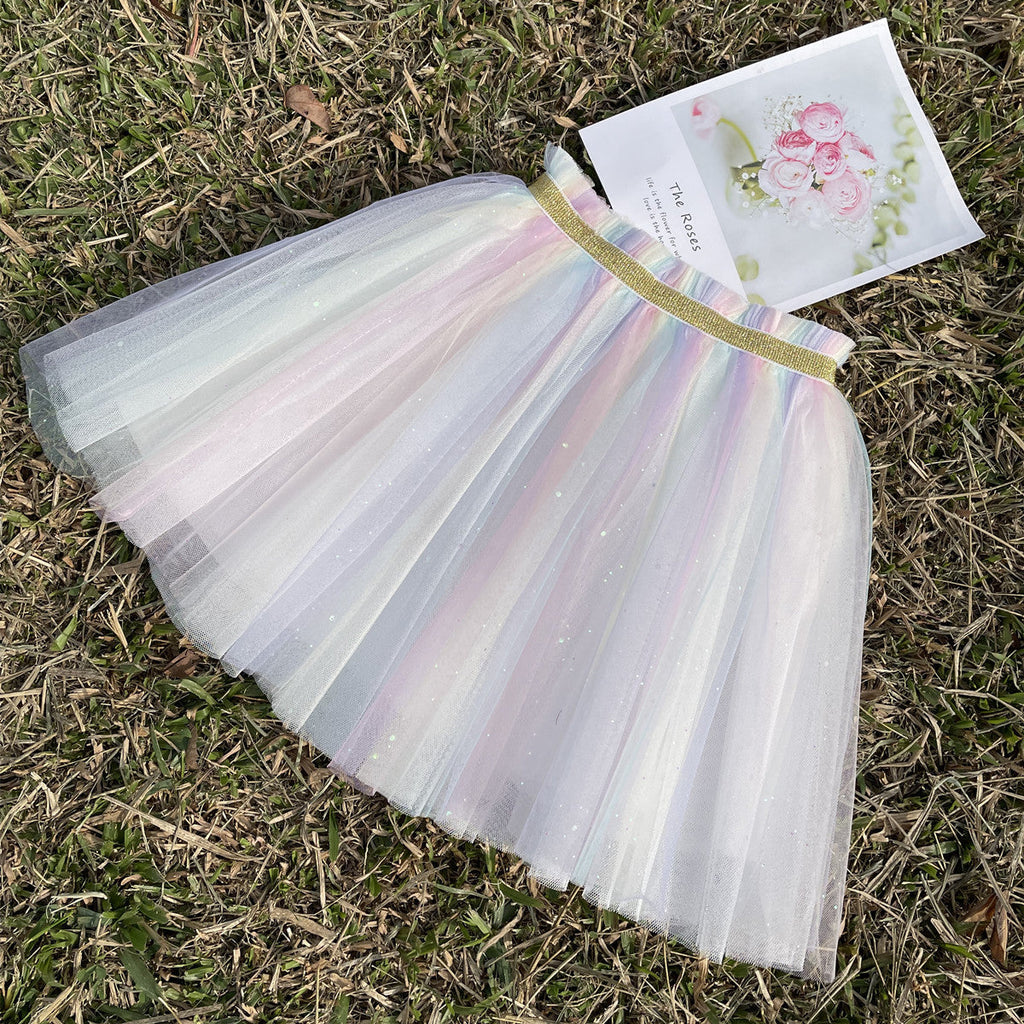2-10Y Kid  Skirt Rainbow Mesh Sequin Patchwork Kids Clothes Wholesale - PrettyKid