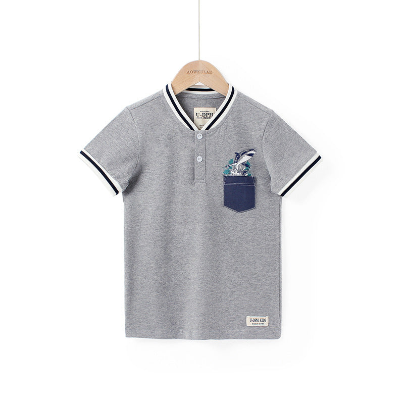 18M-6Y Boys Tops Short Sleeve Cartoon Pocket Button Stripe Wholesale Toddler Clothing
